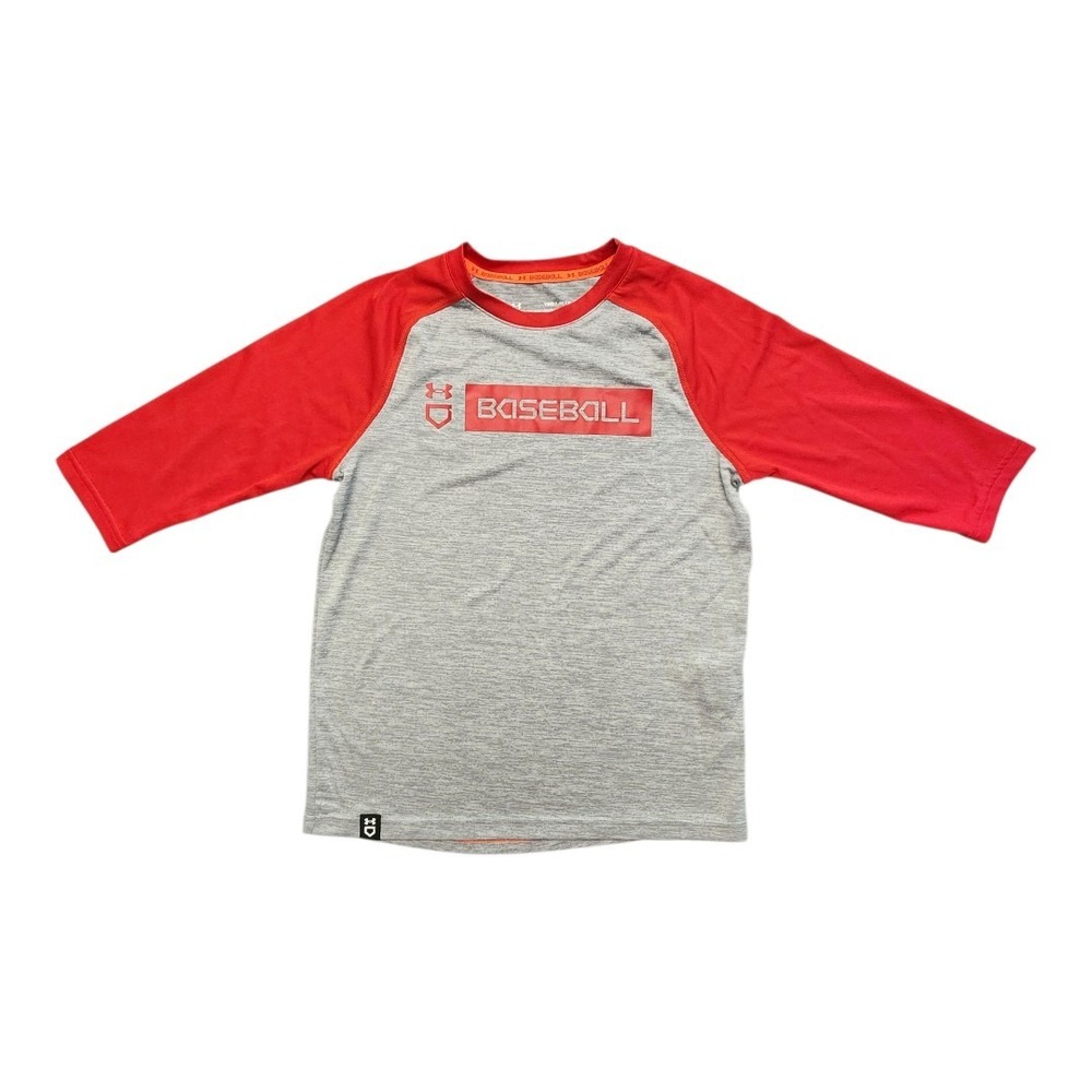 Under Armour Shirt Boy's Medium 3/4 Sleeve Baseball Logo Gray Red Stretch‎ NWOT